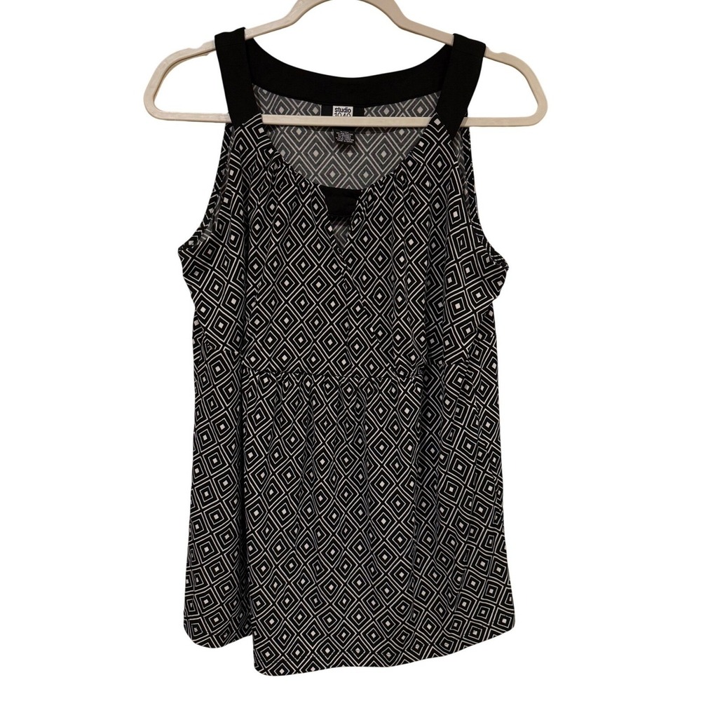 Studio 1940 Women Tank Top Black 14/16W Geometric Diamond Empire Waist Blouse - Picture 2 of 6